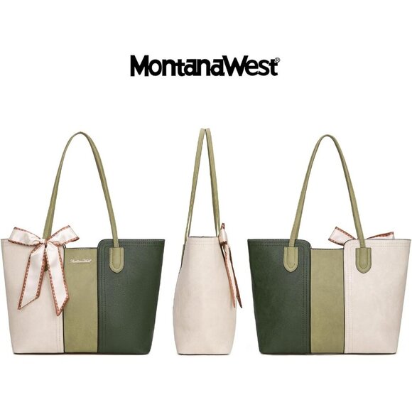Women Beige With Green Imported Vegan Leather Medium Top Handle Satchel Tote Bag - Picture 3 of 6